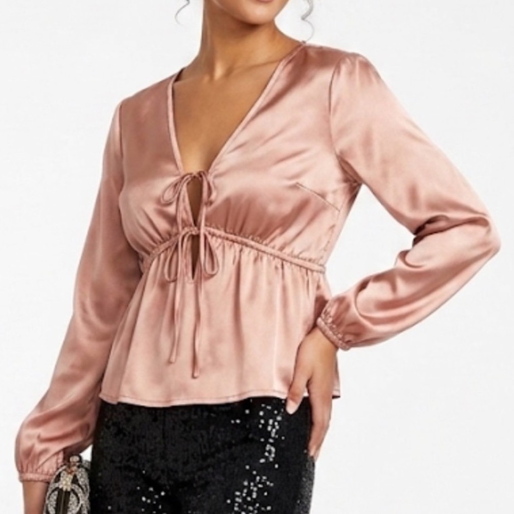 Abercrombie & Fitch Rose Gold Satin Tie Front Peplum Top Long Sleeve XS - Picture 1 of 7